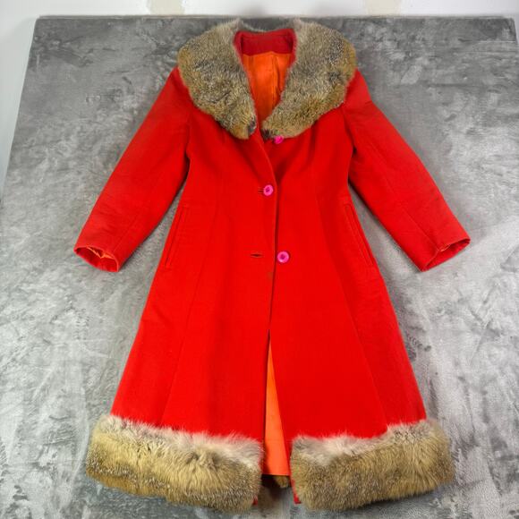 L.C. Mae California Jackets & Blazers - VTG L.C. Mae California Red Wool Coat Fur Trim Collar Hem Mid-Century Long XS